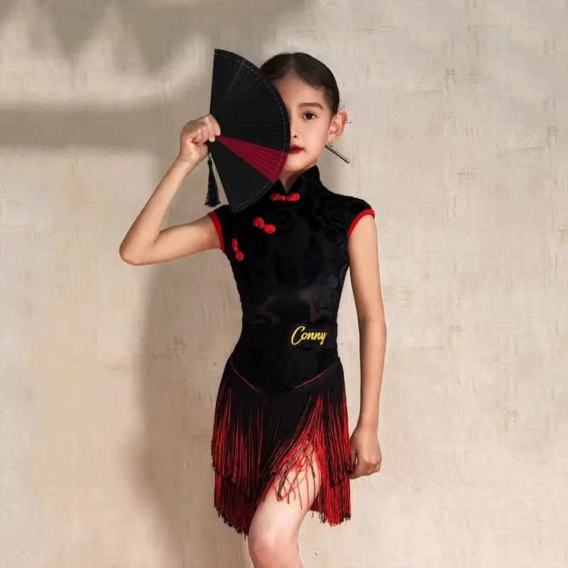 여아 고급 라틴 댄스 상의와 치마 세트 새로운 어린이 연습복 댄스 공연용