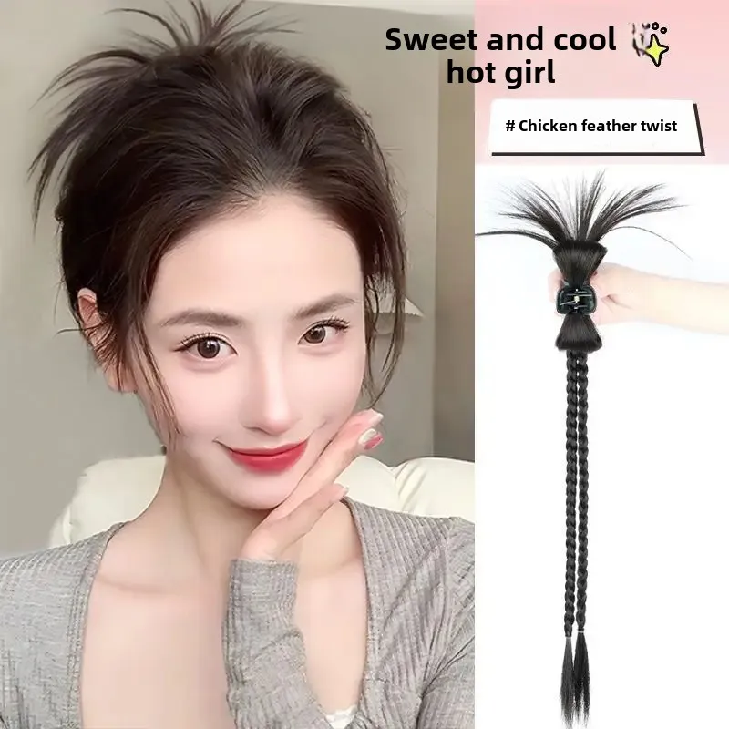 Laid-Back Style Half-Pinned Chicken Feather Hairpin Braided Pigtails New Spicy Girl Lazy Hair Clip Extension Asian Synthetic Tai