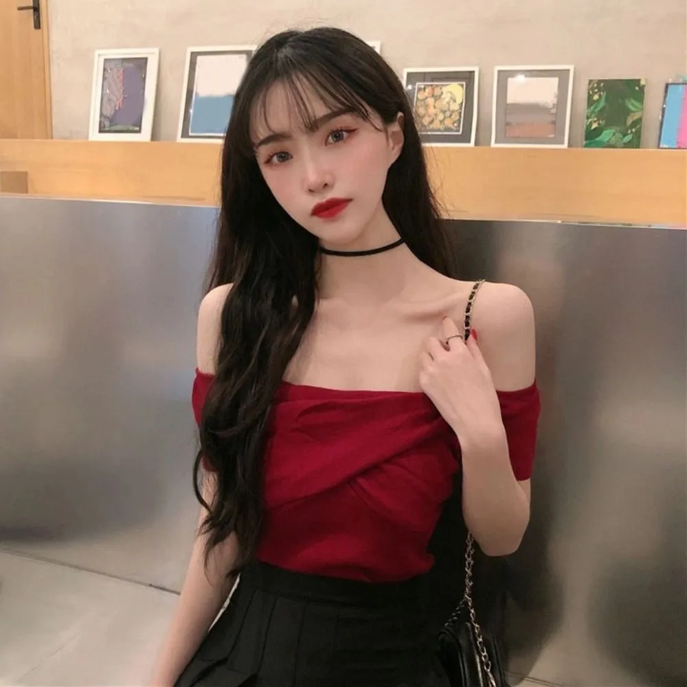 

Cross Collar Off Shoulder Crop Tops Solid Color Female Clothing Short Sleeve T-shirt Bottoming Shirt Slim T Shirts Women Club
