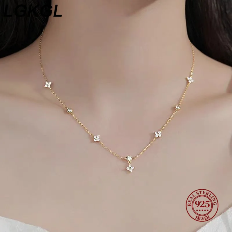 LGKGL Read S925 kalung bunga Zircon berkilau emas 18K berlapis perak murni untuk hadiah perhiasan pesta indah gadis wanita