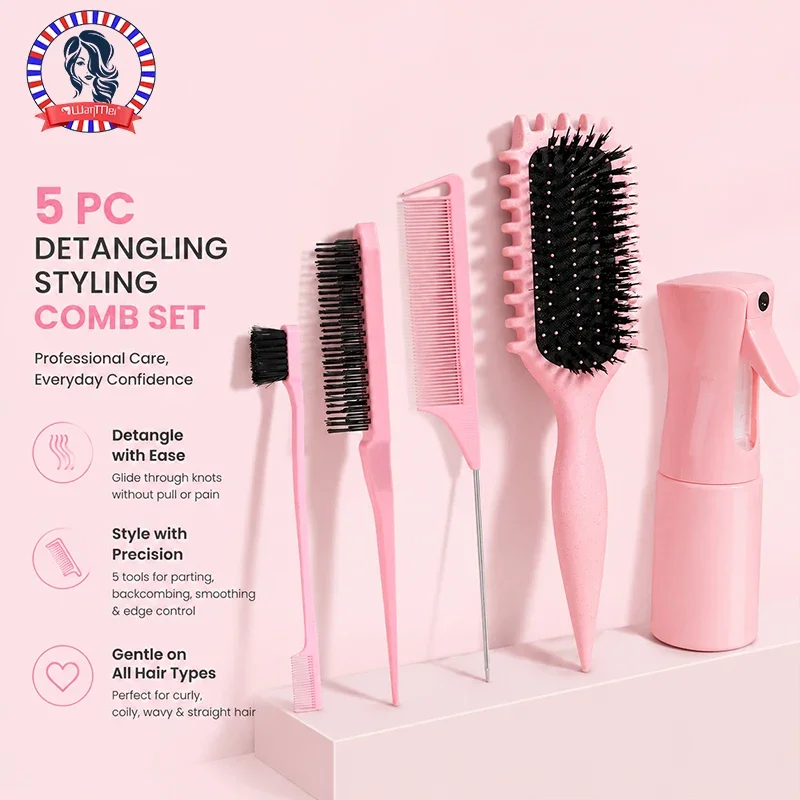 WANMEI-Juego de peines para desenredar, 5 unidades, Curl Candy Bursh, peine curvo de cola de rata, cepillo de Control de bordes, herramientas profesionales de peluquería