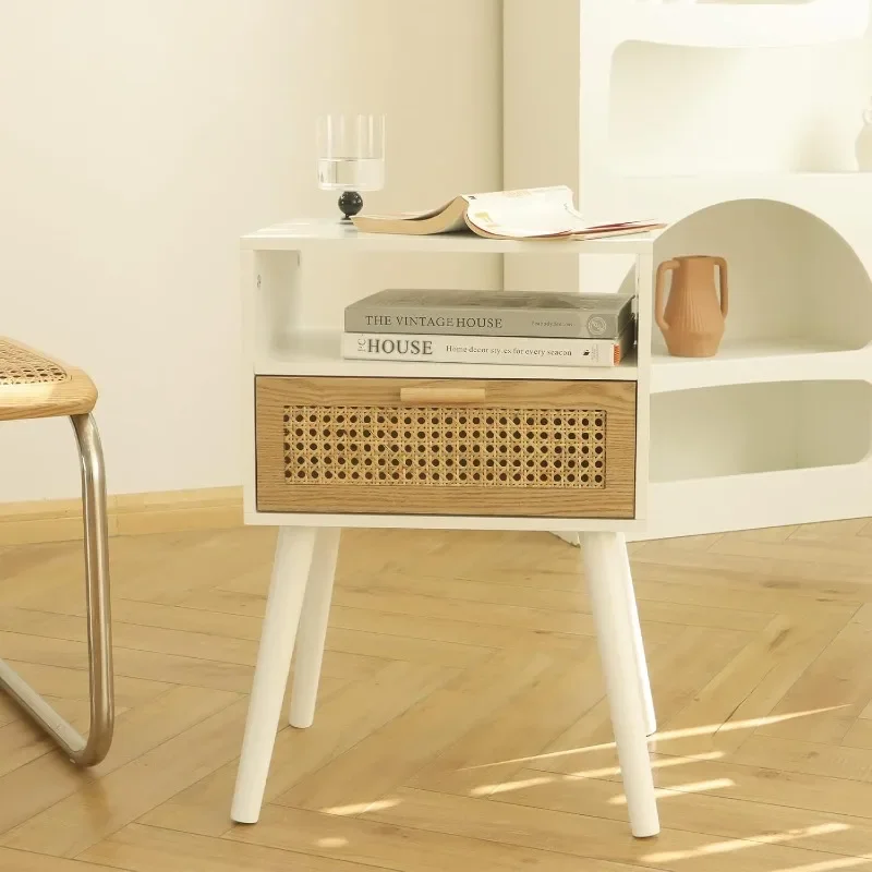 

White Nightstand with Drawer, Mid Century Modern Nightstand, Rattan Side Table, End Table with Storage for Living Room