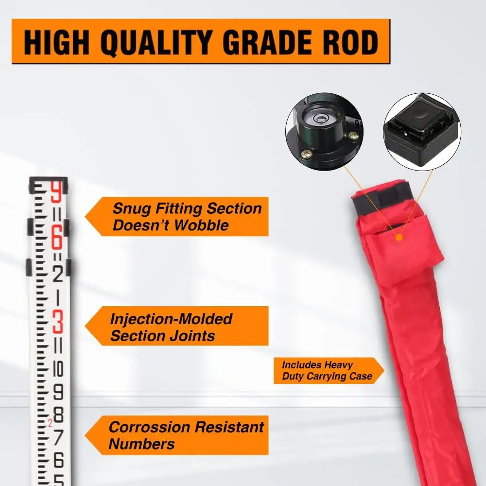 Aluminum Grade Rod 9ft with Carrying Case and Level Durable Lightweight Extendable Surveying Tool Maximum Visibility and Easy to
