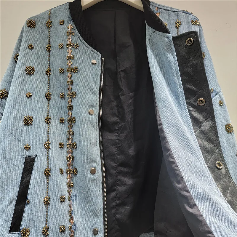 HKSH 봄 가을 신상 여성 데님 재킷 비즈 장식 컬러 블록 패치워크 스탠드 칼라 지퍼 우아한 인스 캐주얼 Y2K 코트 HK16168