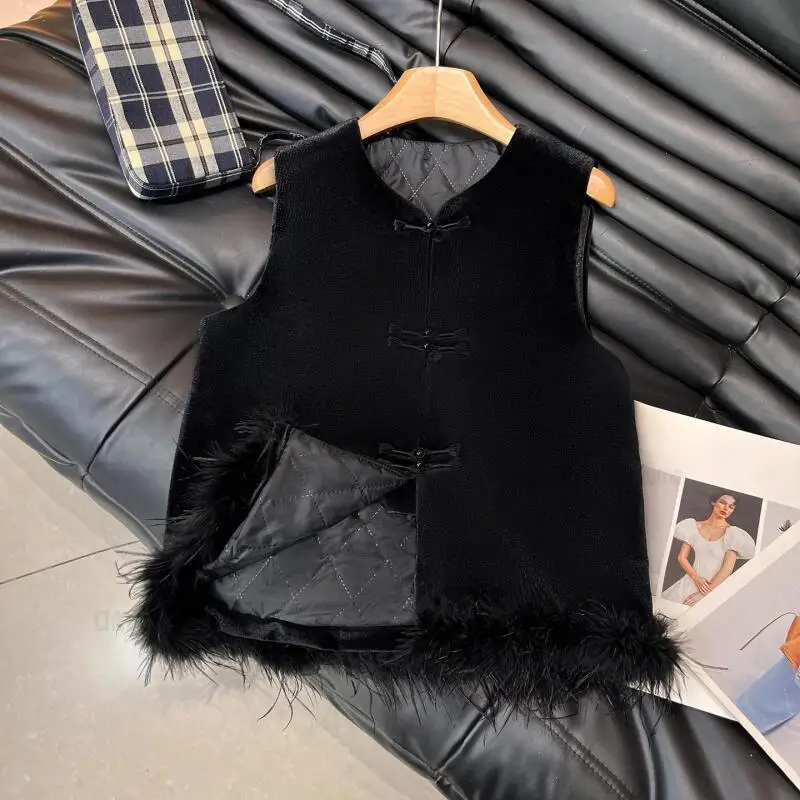 Luxury Feather Trim Velour Tang Suit Clothes Classical Sleeveless Tops Women Elegant Vest New Chinese Style Hanfu Waistvest