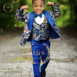 Boys Gold Pattern Suit 3 Piece Wedding Floral (Jacket Pants Vest) Jacquard Suit Blazer Children's Custom Suit