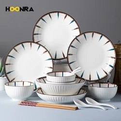 HOONRA 18 Pcs Ceramic Tableware Dinner Plates Set Kitchen Dishes Bowls Soup Fruit Dishes Saucer Tray Food Pottery For 6 Person