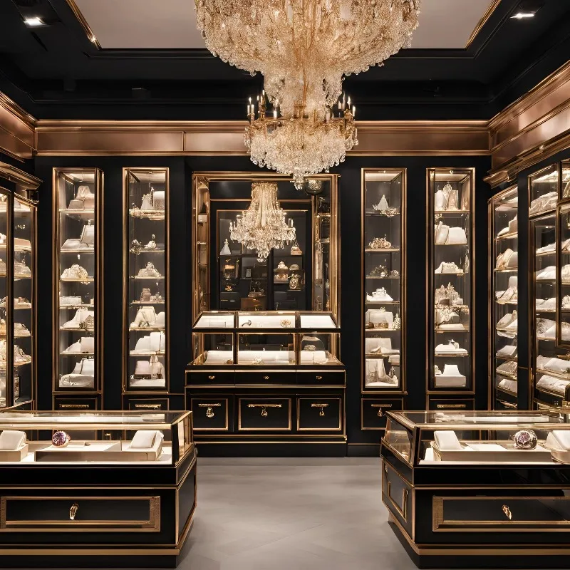 Vitrina de cristal de madera con cerradura de moda, vitrina de joyería con luz LED de acero inoxidable, caja para muebles