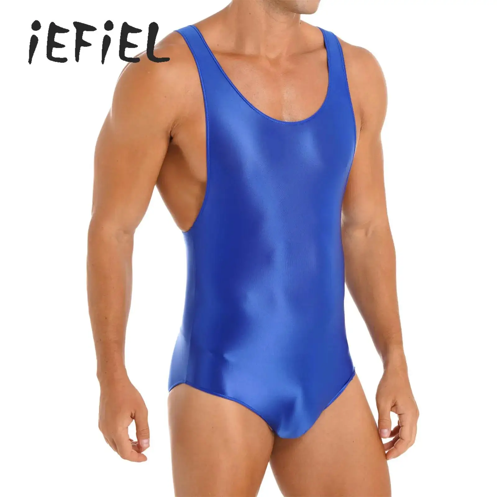 

Mens Glossy Bodysuit One Piece Swimsuit Elastic Sleeveless High Cut Leotard Bikini Swimwear Swimming Bathing Suit Beachwear