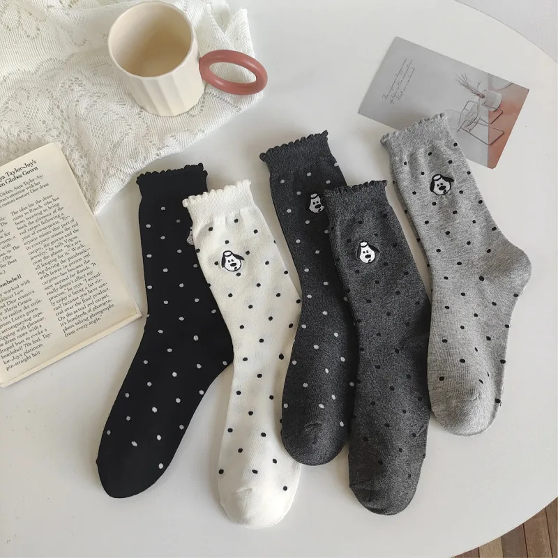 

Women Combed Cotton Crew Socks Korean Style Striped Dot Cute Puppy Embroidery All Season Non Slip Fashion Socks Gift
