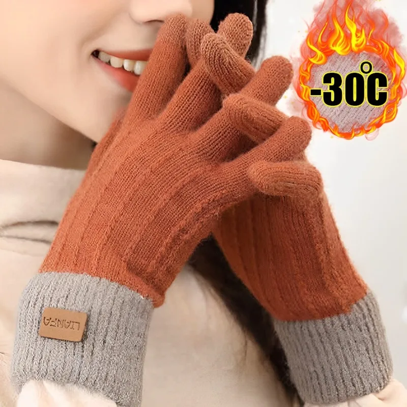 Women Warm Winter TouchScreen Gloves Stretch Knit Mittens Wool Full Finger Female Crochet Glove Outdoor Cycling Driving Gloves