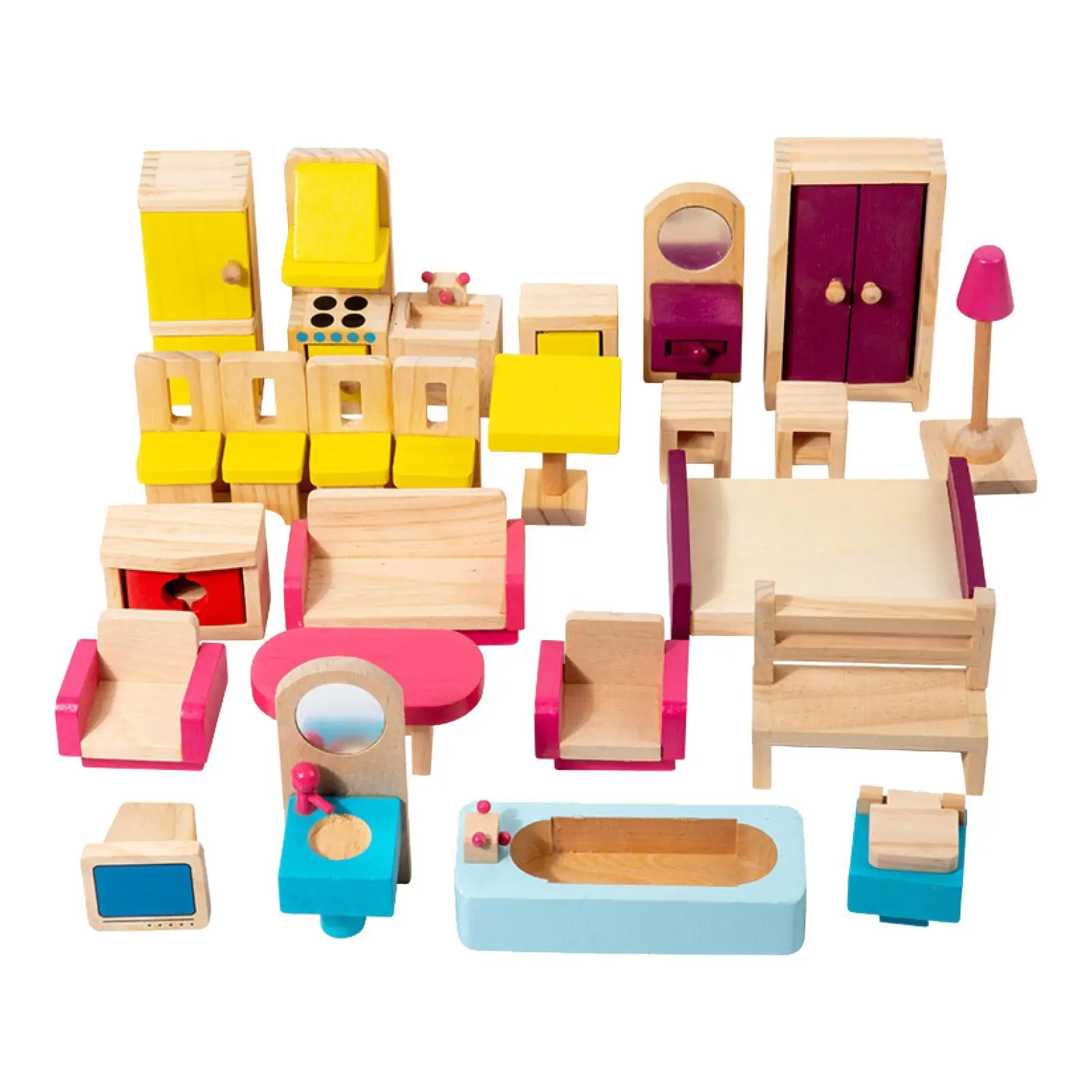 26 Pieces Wooden Dollhouse Furniture Set Hobby Crafts for Toddlers 3+ Kids