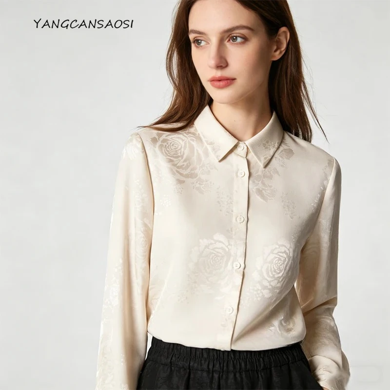 

100% Natural Mulberry Silk Jacquard HuaLuo Top, Women's Versatile Fashion Comfortable Lapel Long Sleeve Shirt, 2026 Spring New