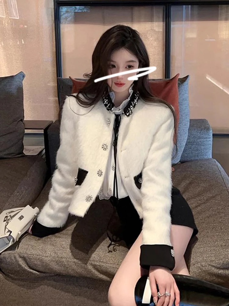 

Contrast Color Diamond Embedded ort Outerwear Women's Autumn Heavy Work Fringe Buttoned Pearl Jaet Coat