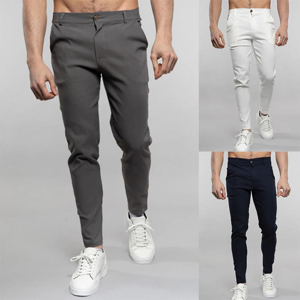 Men's Daily Pants Pocket Full Length Trousers Micro-elastic Solid Color Breathable Outdoor Middle Waist Line Zipper Fly Tailored