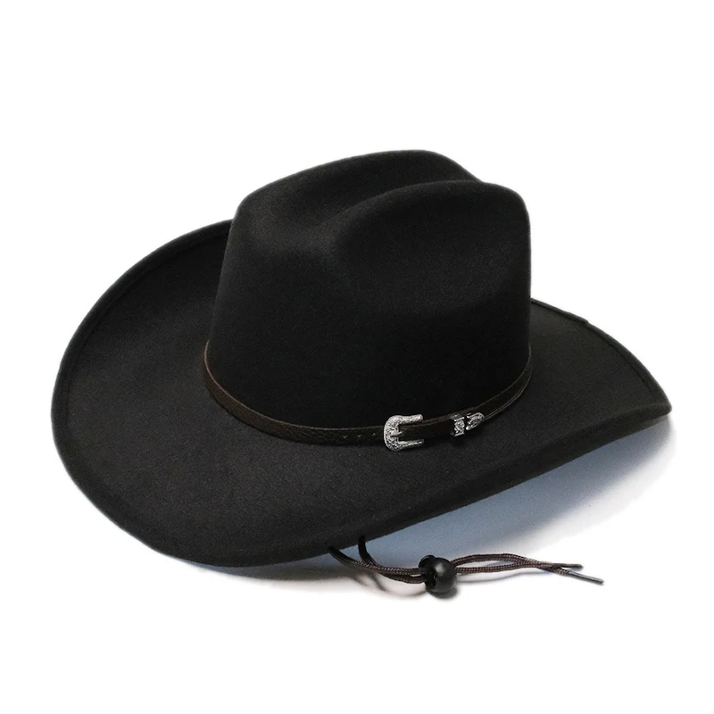 Retro Wide Brim Coffee Leather Belt Band Autumn Winter Warm Women Men Hard Felt Yellowstone Style Cap Cowboy Cowgirl Hat 58-59cm