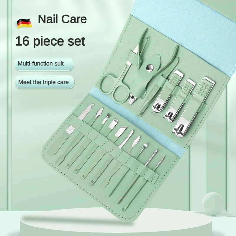 In Stock Nail Clippers Suit Full Set Matcha Green Nail Scissors16Set Manicure Implement Stainless Steel Nail Clippers Suit