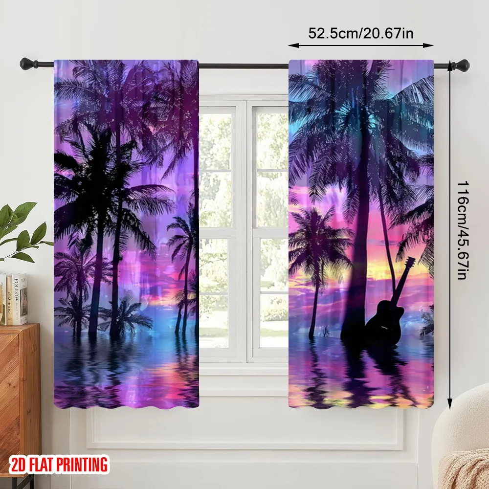 2pcs 2D flat printing Curtains Tropical Sunset Palm Trees Guitar Polyester Without Electricity Festive Curtains for New Year