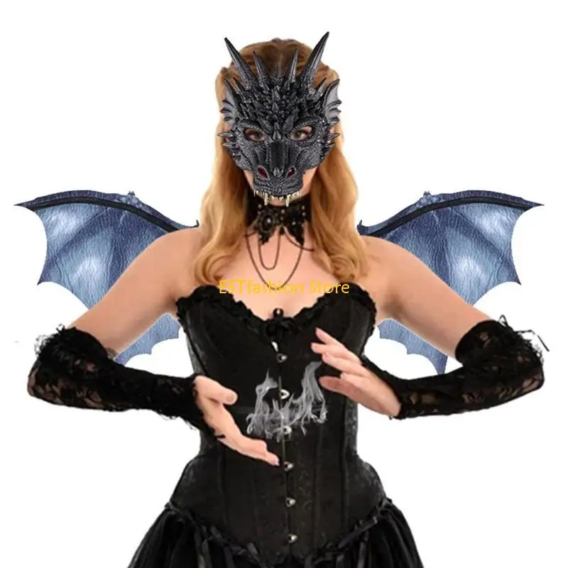 Y5GC Realistic Dinosaur Cosplay Mask and Wings Set hally Halloween Dragon Costume con cinturino per elasticità per donne adulte