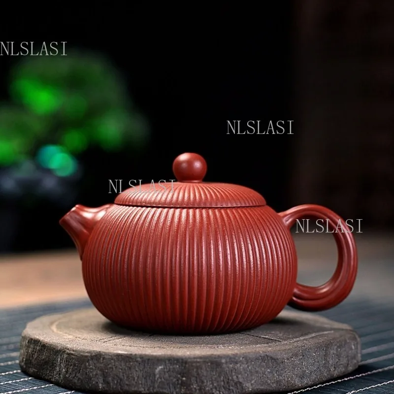 200ml Exquisite Fluted Ceramic Teapot Pumpkin Shape Red Clay Zisha Tea Pot with Vertical Ribs and Round Knob for Loose Leaf Tea