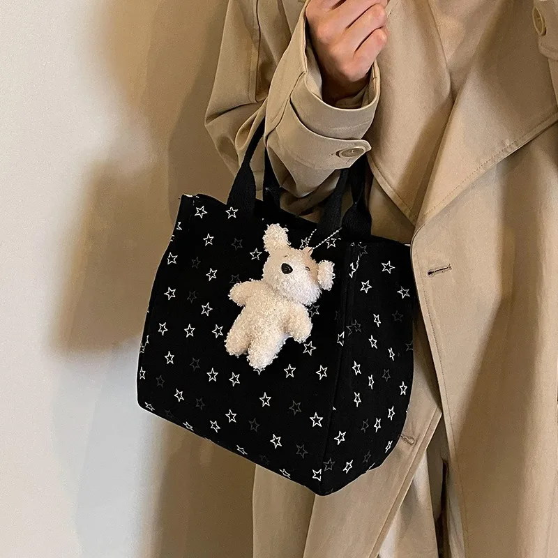 Star Printed Canvas Handbag with Plush Teddy Bear Pendant, Cute Tote Bag, Casual and Portable Bento Bag, Suitable for Daily Work
