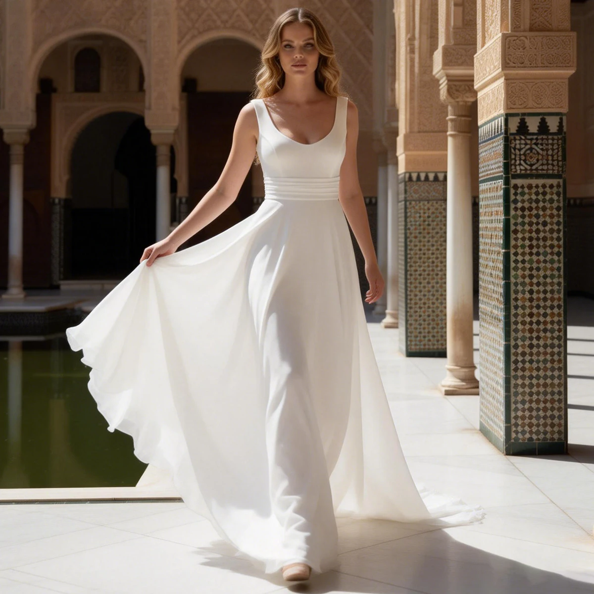 

Beach Square Collar Ball Gown Wedding Dresses For Train Long Sleeveless Satin Bridal Party Gown For Bride Vestidos de novia