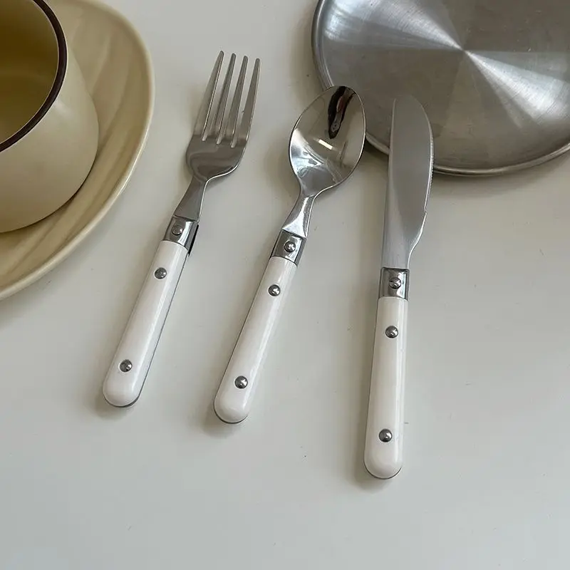 3 Pieces Tableware Dessert Steak Stainless Steel Knife Fork Spoon Plastics Handle Sets Home Accessories Dinner Bar White