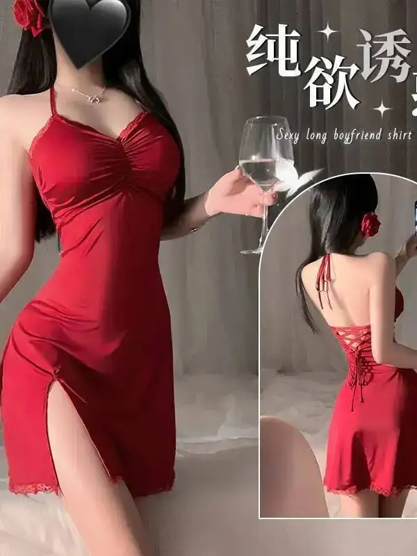 Sexy Lingerie Fashion Imitation Ice Silk Camisole Dress Elegant Set Large Strap Dress Sexy Nightdress Sweet Tops Dress 58WZ