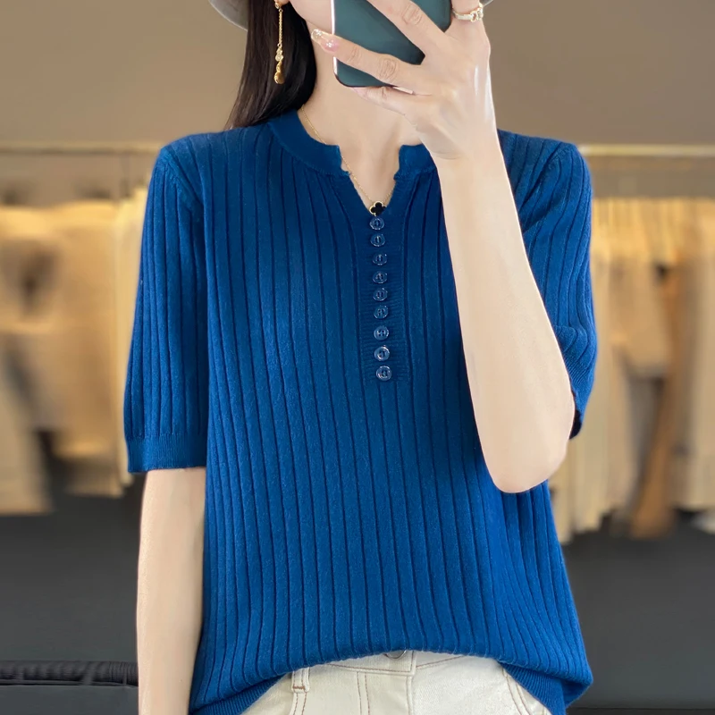 Donna New Wool Blend t-Shirt maglione con scollo a v manica corta Pullover primavera estate Bottoming con bottoni camicia Casual Knit Top