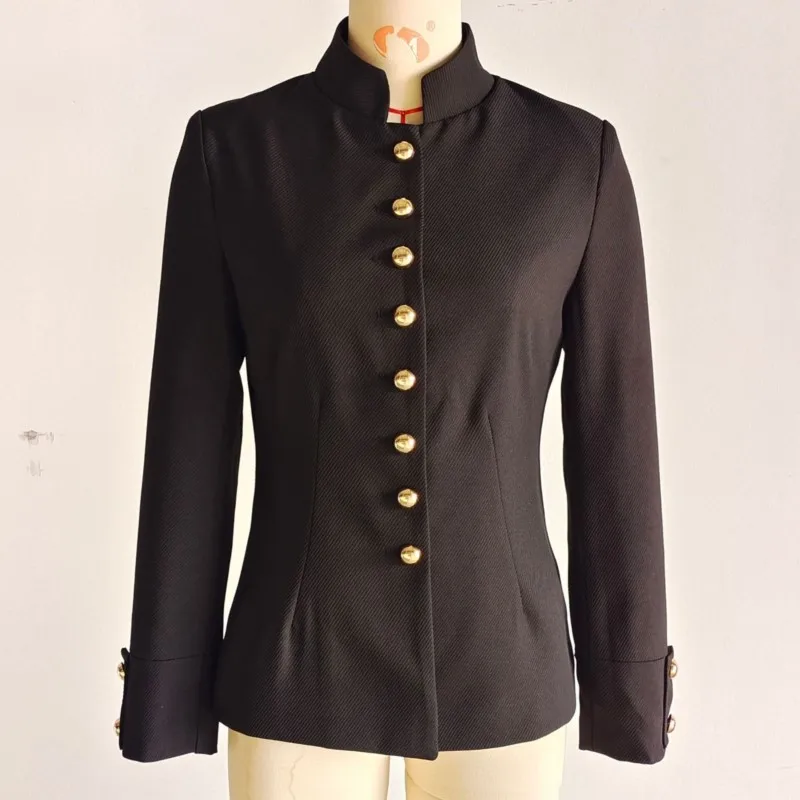 

2025 Womens Retro-Style Varsity Jacket Stand Collar Long Sleeve Gold Button Accents Outerwear Autumn Casual Outfits Jackets