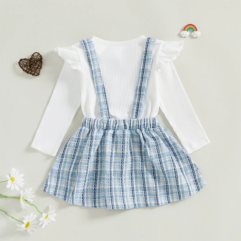 Pudcoco Infant Baby Girls Autumn 2PCS Skirt Outfits Long Sleeve Ruffle Ribbed Tops Plaid Suspender Skirt Set 6M-3T