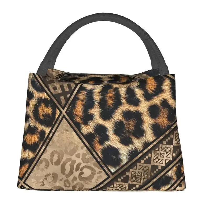 Ethnic Ornaments Brown Animal Leopard Print Insulated Lunch Bags for Women Leopard Skin Resuable Thermal Cooler Food Lunch Box