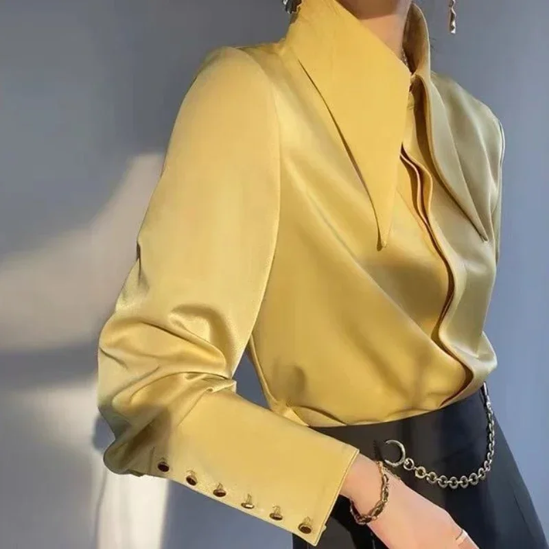 女性のためのエレガントでゆったりとしたモノクロのサテンシャツ,フレンチスタイル,ボタン付き,オフィスウェア,ヴィンテージ,オールマッチ,シック,柔らかく,春