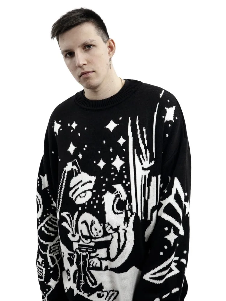 Harajuku Oversized Sweater Anime Girl Graffiti Vintage Knitted Sweater Jumper Women Winter Unisex Pullover Streetwear Y2k Top