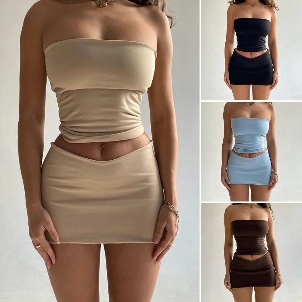 

Two Piece Set Women Outfit Trendy Women's Summer Two Piece Sets Strapless Bandeau Crop Top Bodycon Mini Skirt Set Solid for A