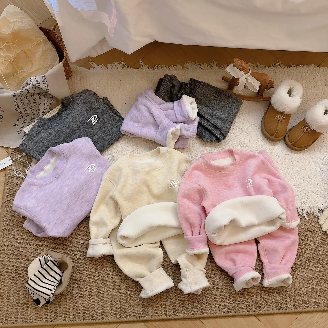 0-7Y Solid Children's Thermal Underwear Warm Boys Girls Clothes Set Tleece Kids Pajamas Soft Child's Underwear for Autumn Winter