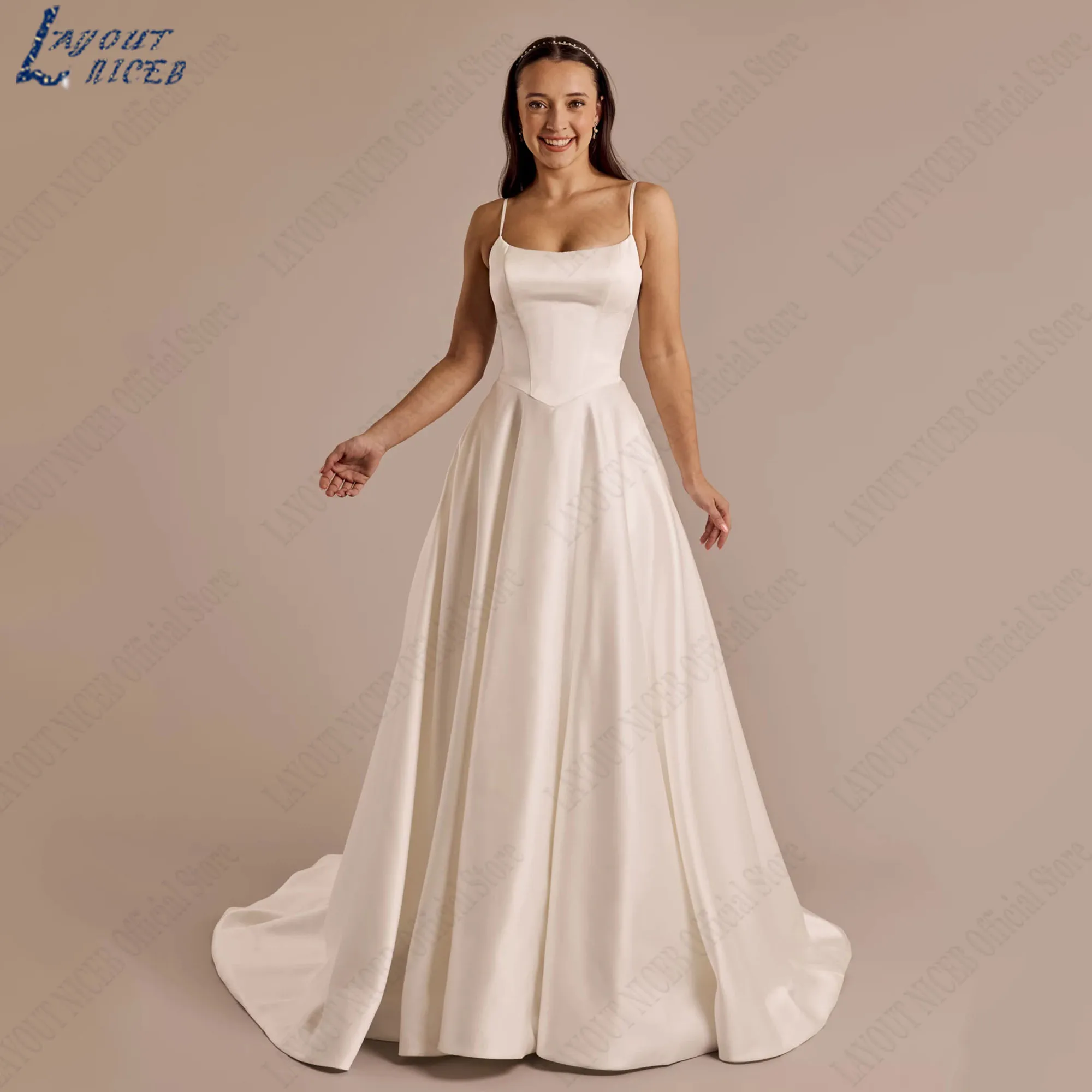 

LAYOUT NICEB Square Neck Satin Wedding Dresses Spaghetti Strap Simple Bride Gown A-Line Sleeveless Vestidos Elegantes Customized