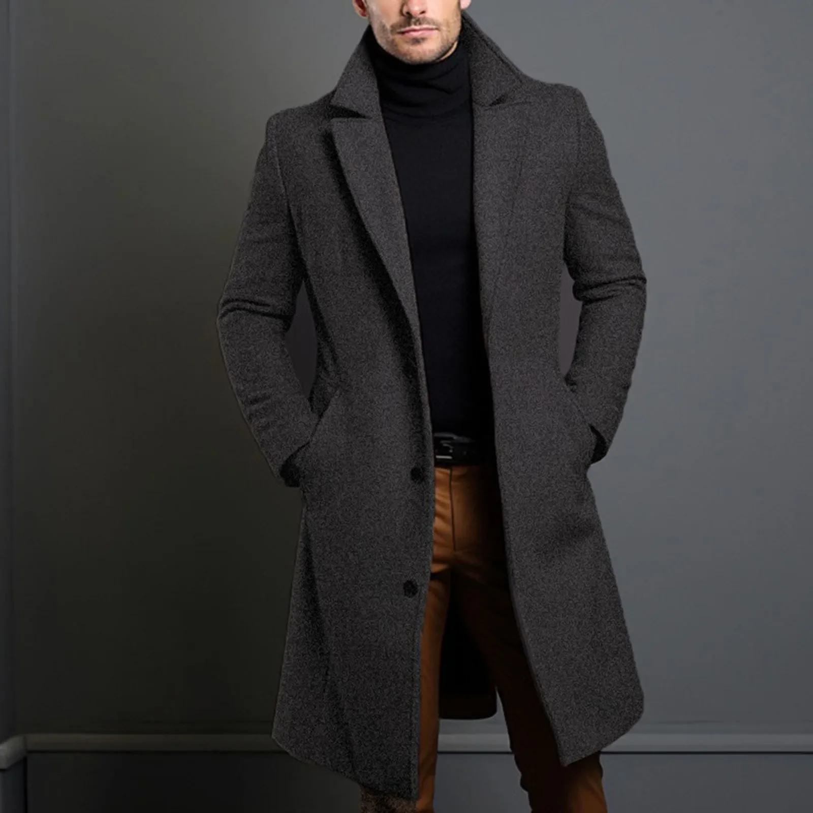 Warm And Comfortable Black Trench Coat For Men Long Sleeve Single Breasted Overcoat Perfect For Fall And Winter