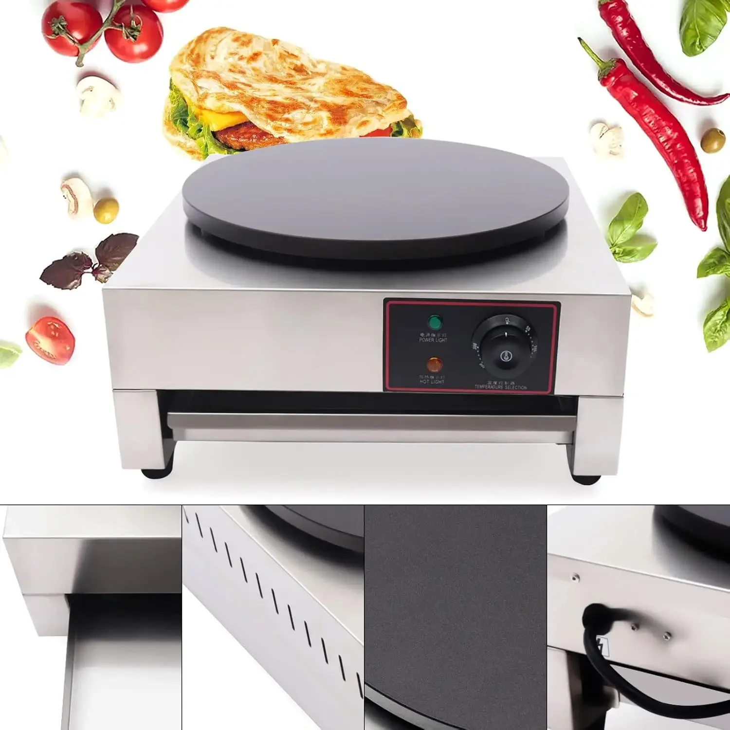 Máquina para hacer crepes, plancha de 1700W y 16 ", placa caliente para hornear panqueques, sartén eléctrica antiadherente para crepes, placa calefactora individual, temperatura ajustable