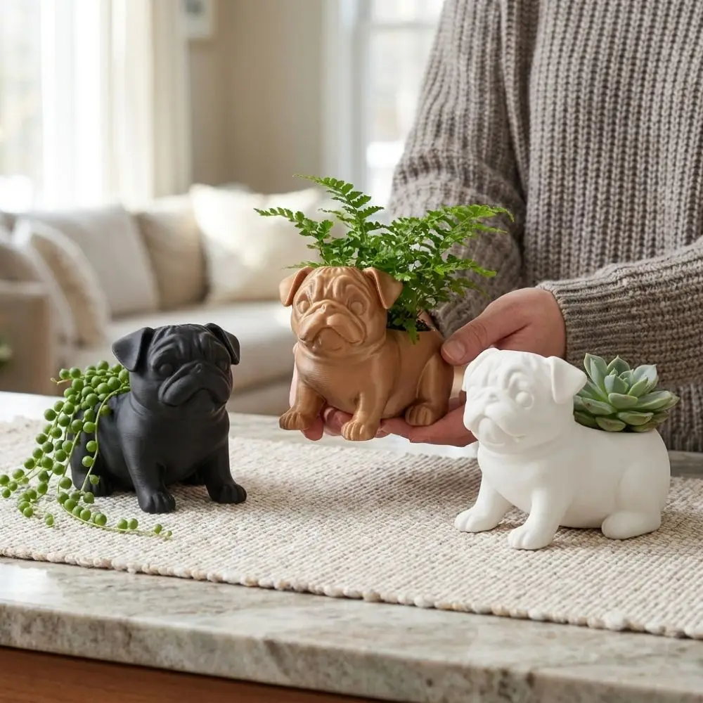 Creative 3D Printed Pug Shaped Planter Pot Plastic Minimalist Animal Shaped Pot Funny Handmade Storage Flower Pot Indoor Outdoor