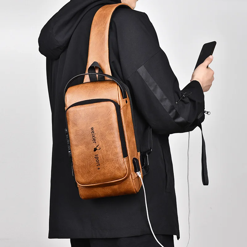 New Casual Chest Bag Travel shoulder bag Men Multifunction Anti-theft USB Charging Crossbody Bag Quality PU Leather Pack Male