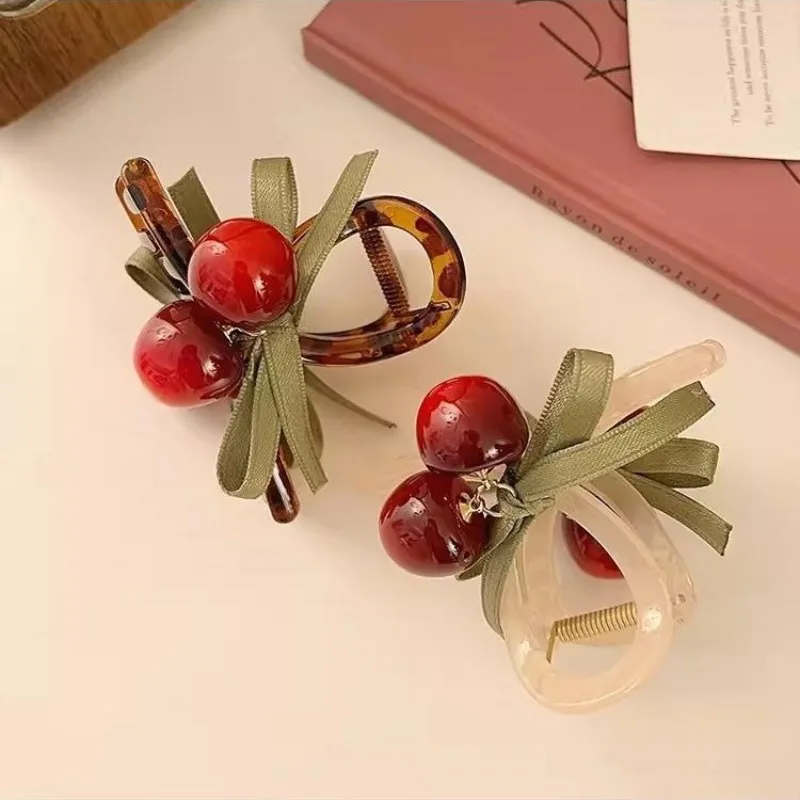 Cute Small Cherry Hair Claw Clips Women Girls Ribbon Hairpin Fashion Hair Clip Crab Headwear Hair Accessories Ornament Headdress