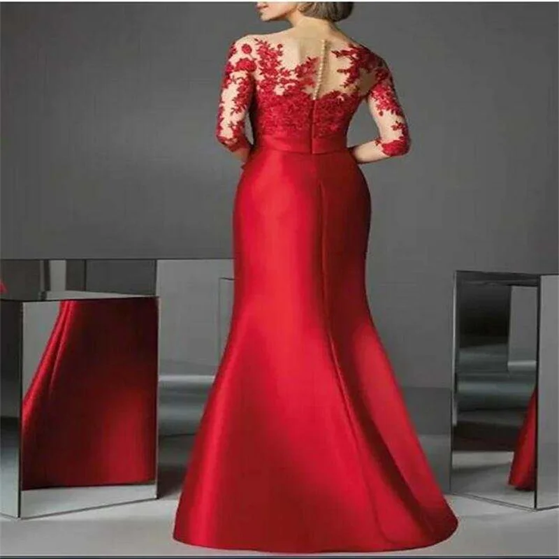 O pescoço applique renda vestido de festa de casamento vermelho mãe da noiva elegante vestidos de festa longo vestido de uma peça personalizado