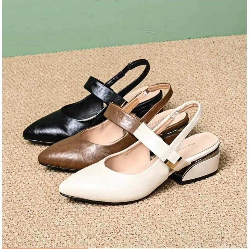 Sandalias elegantes con puntera y tacón de bloque para mujer, zapatos de verano cómodos con espalda descubierta y hebilla de una sola correa, tacón medio, a la moda