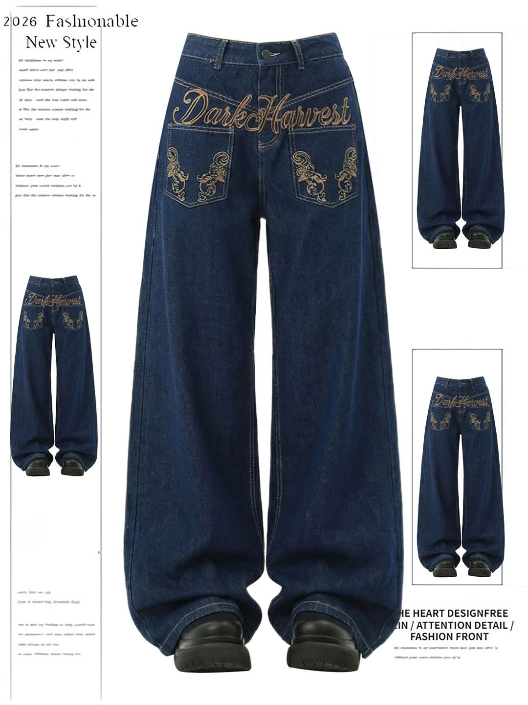 

American Retro Design Embroidered Letter Wings Knife Denim High Waist Wide Leg Long Pants Summer New Style Women's Jeans