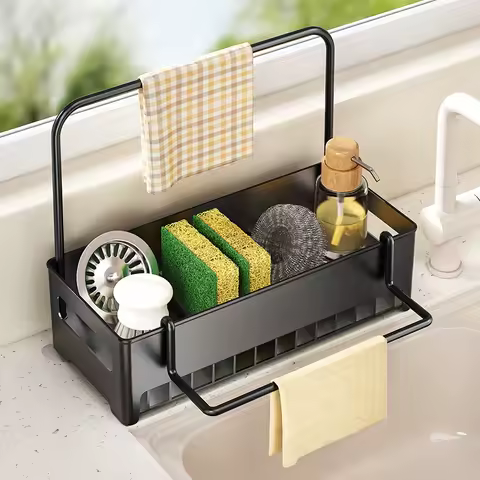 Multi-Use Drain Rack Brushes Easy to Clean Space-Efficient Kitchen Sink Caddy &amp; Detachable Holder for Dish Sponges, Cloths