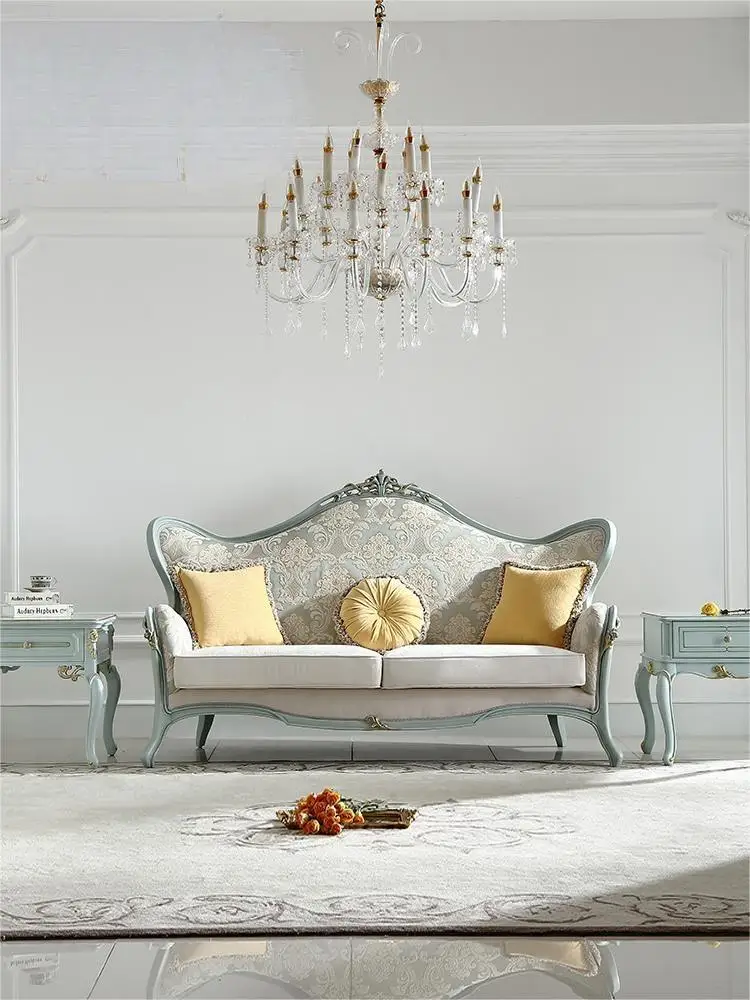 European pastoral style furniture, European living room, romantic small unit jacquard velvet fabric, solid wood fabric sofa