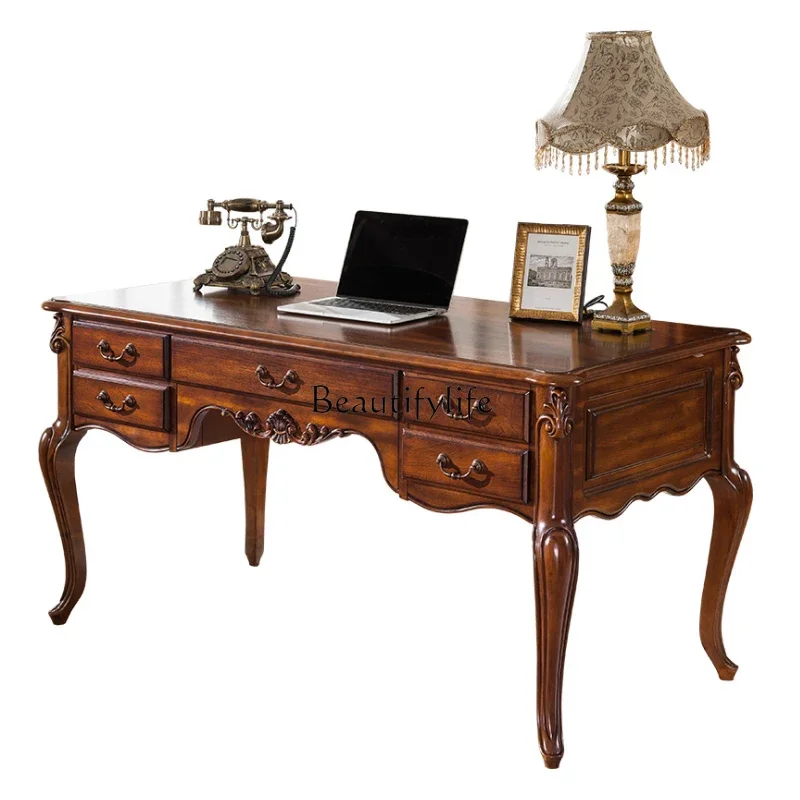 

American-style Solid Wood Desk for Home Study Office Writing Desk European-style Vintage Computer Desk