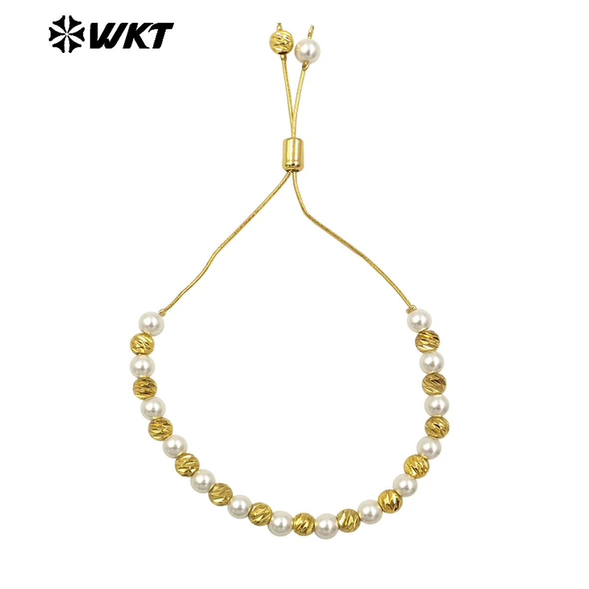 

WT-JF352 Simple Beautiful In Artificial Pearl 18k Gold Beads Spacing Design Thin Adjustable Women Bracelet Decorated