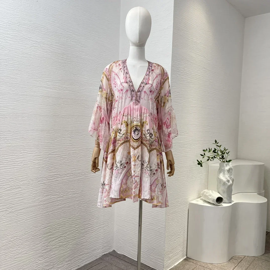 

New Summer Collection Top Quality Silk Pink Floral Print Wrist Sleeve Diamonds Women Vintage Mini Dress